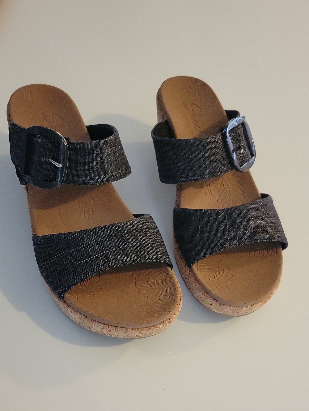 Skechers Black Two-Strap Cork Wedge Slide Sandals